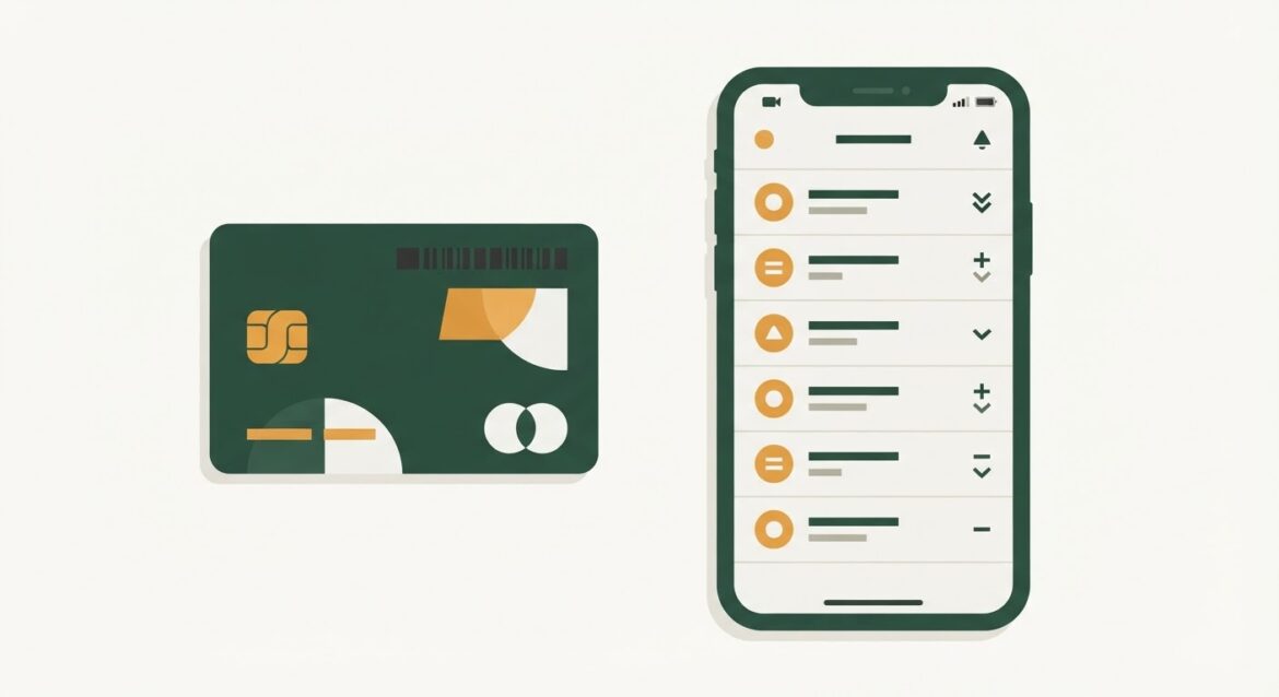 A prepaid debit card next to a smartphone showing a transaction history screen