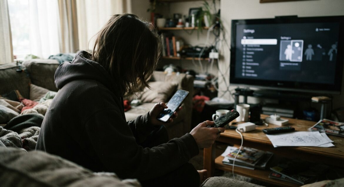 a person checking account settings on a secondhand smartphone and smart TV remote