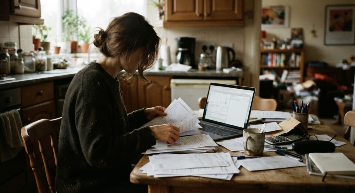 A person sorting through paperwork and a laptop at a kitchen table, reviewing bank statements