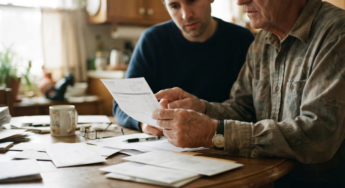 An adult child and an older parent reviewing a printed bank statement together at a kitchen table