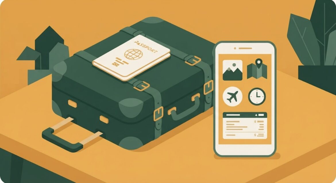 A suitcase and passport next to a smartphone showing travel app icons and a credit card statement
