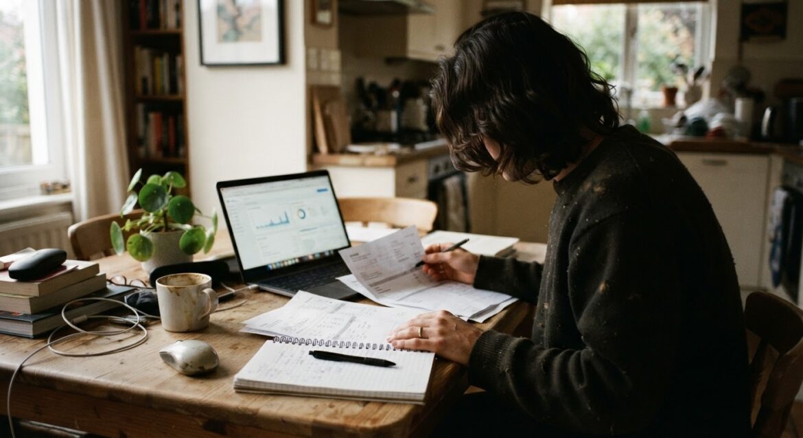 A freelancer reviewing invoices and a budget notebook next to a laptop