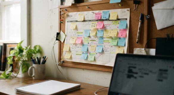 a calendar covered with color-coded sticky notes marking different trial end dates