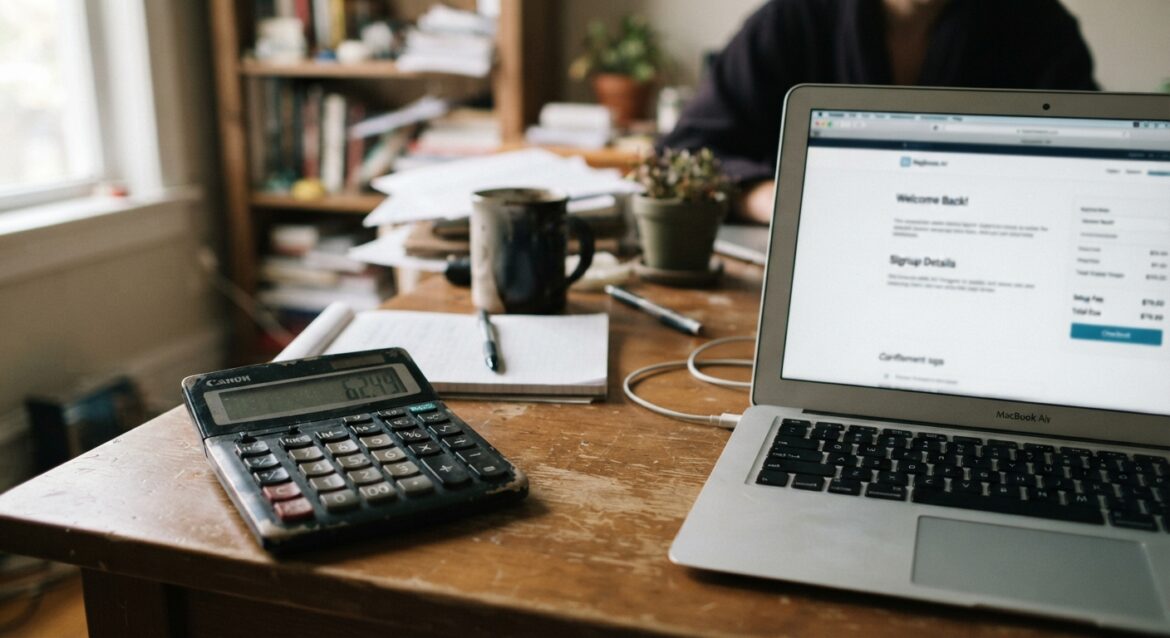 A calculator and a signup confirmation page showing a setup fee line item