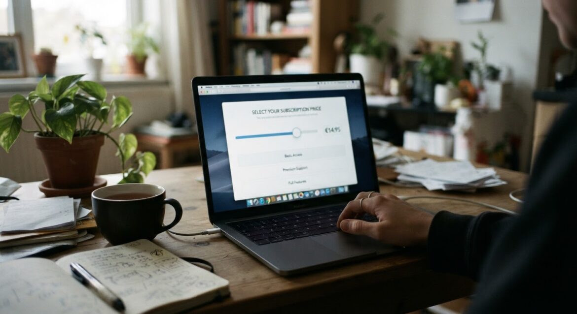 A slider or pricing input on a laptop screen letting a user choose their own subscription price