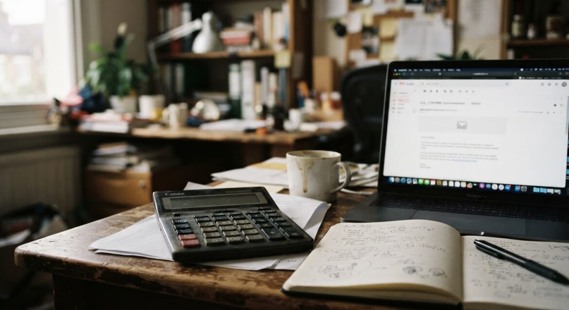 a calculator and a subscription discount confirmation email on a desk