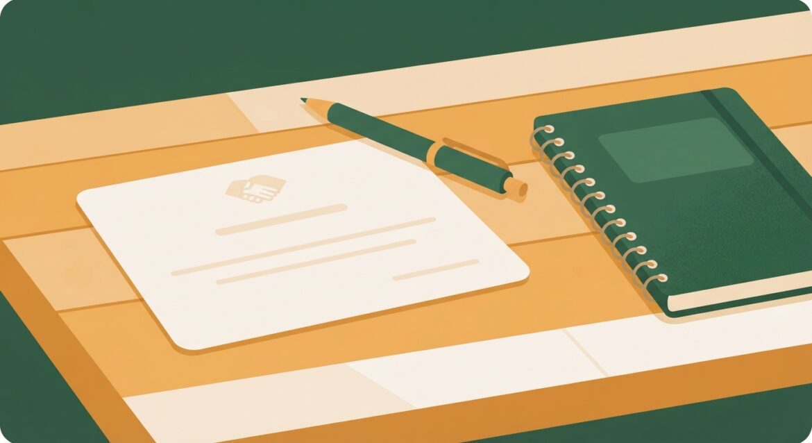 A donation pledge card and pen on a table next to a household budget notebook