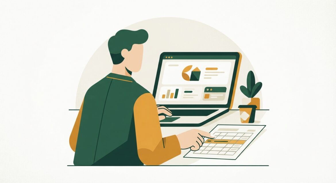 a person comparing a bank statement line item to a company logo on a laptop screen