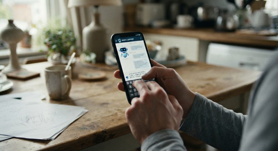 a smartphone chat window with a robot icon and a frustrated hand typing