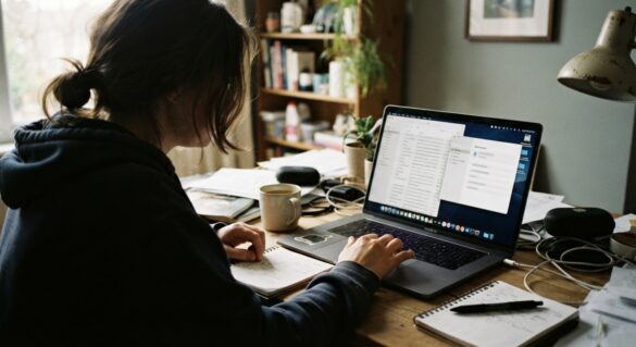 A person searching through old email receipts and a password manager on a laptop to recover a forgotten subscription login