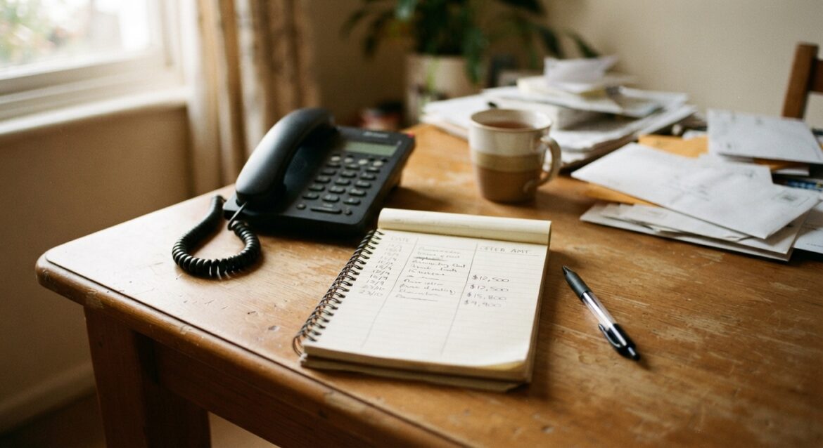 A handwritten notepad log listing several phone call dates and offer amounts next to a phone