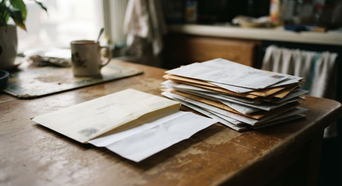 An opened envelope with a billing notice letter next to a stack of unopened mail
