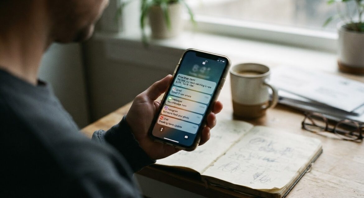 A smartphone screen showing a stack of app notifications with one about a price change