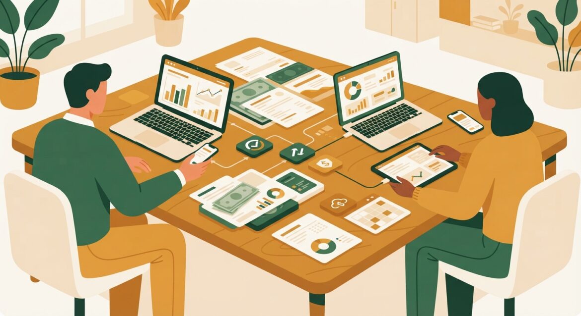 two people combining phones and laptops over a shared table of bills and subscription logos