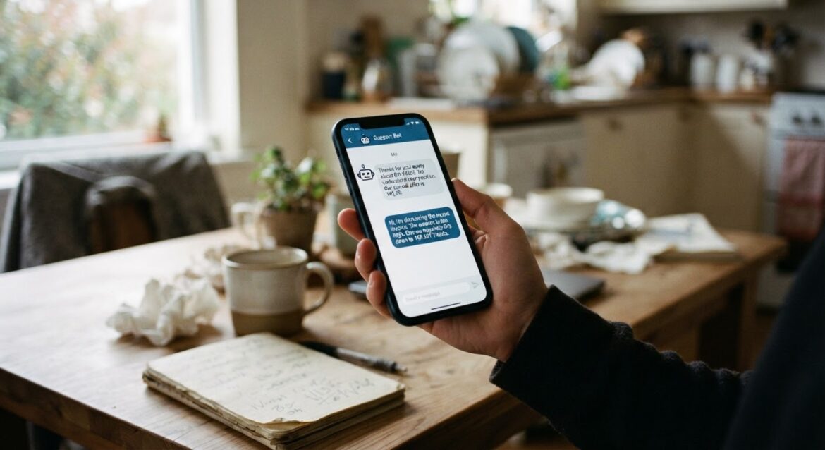 A smartphone chat window with a robot icon replying to a customer negotiating a bill