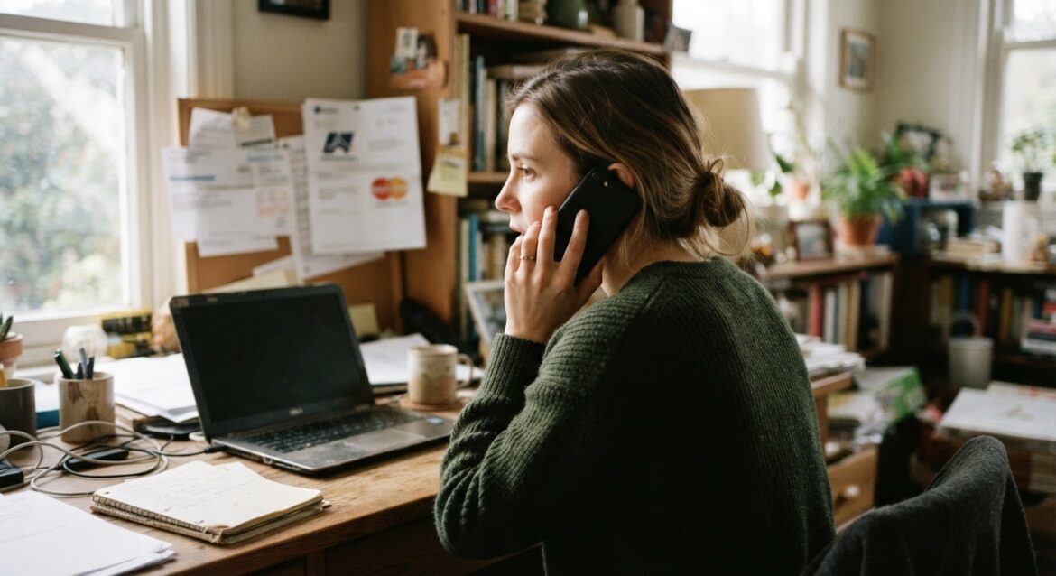 A customer service phone call scene with two overlapping company logos on a bill in the background