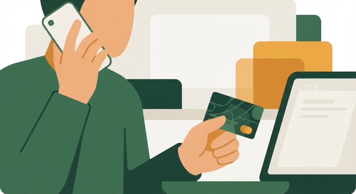 A person on a phone call holding a loyalty program membership card near a laptop