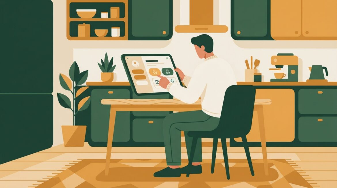 A person reviewing a wellness app subscription screen on a tablet at a kitchen table