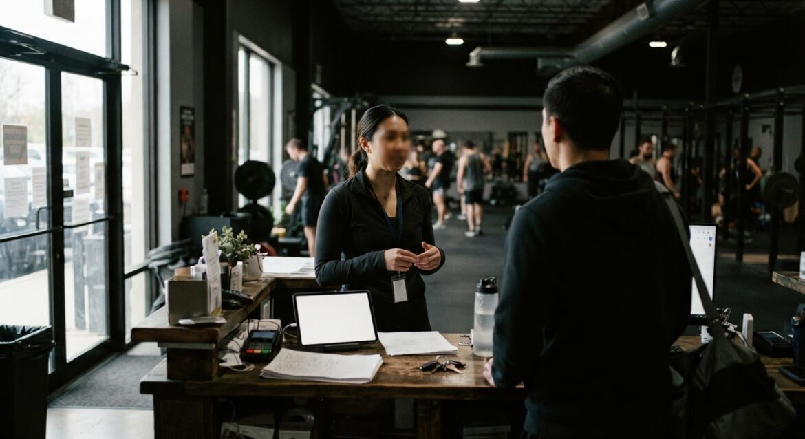 a person speaking with a gym front desk staff member near a reception counter
