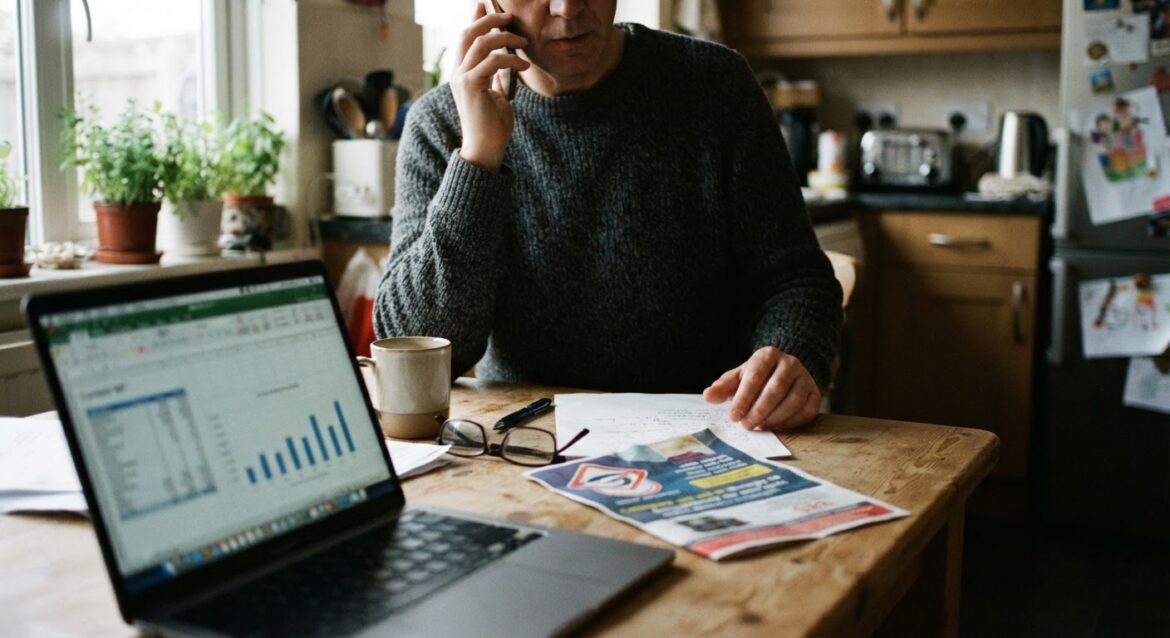a person on a phone call at a kitchen table with a printed competitor internet ad and a laptop showing their current bill