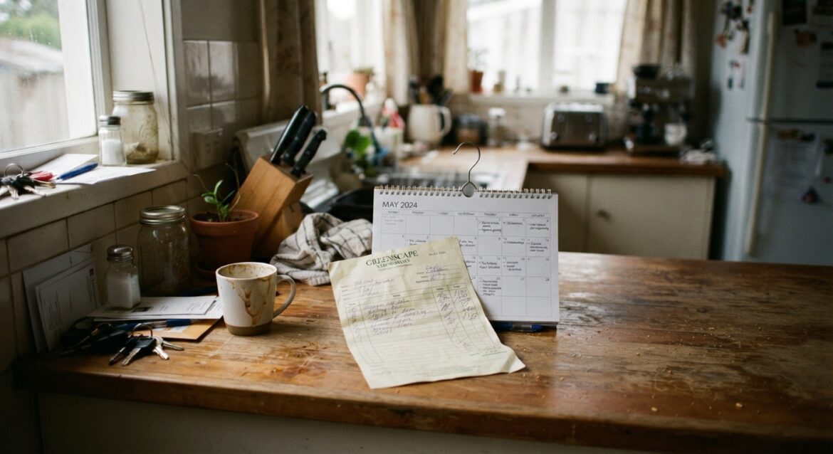 a lawn care worker's invoice on a kitchen counter next to a calendar