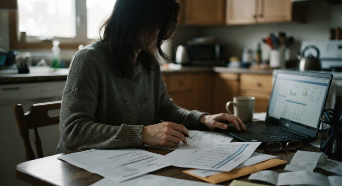 A homeowner reviewing an HOA fee increase notice and budget spreadsheet at a kitchen table