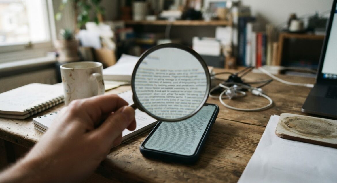 A magnifying glass hovering over a dense block of terms-of-service text on a phone screen