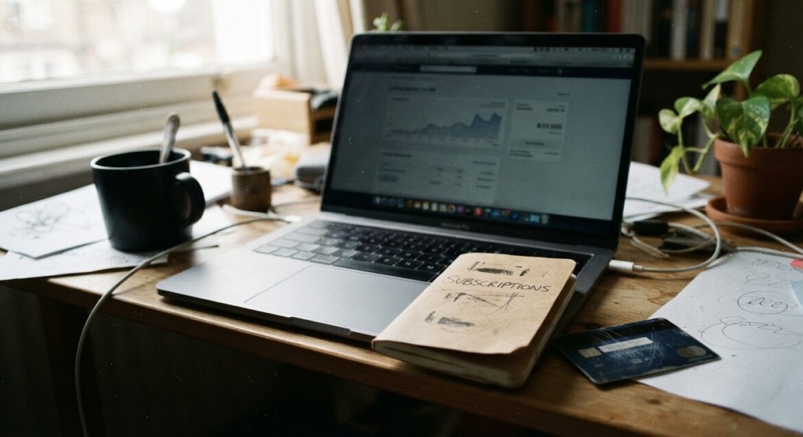 A second debit card and a small notebook labeled 'subscriptions' next to a laptop showing a bank transfer screen