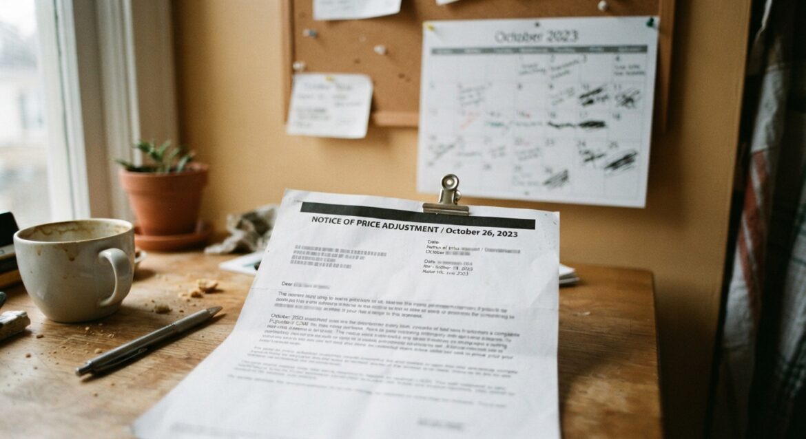 A close-up of a printed price-increase notice letter with a calendar in the background
