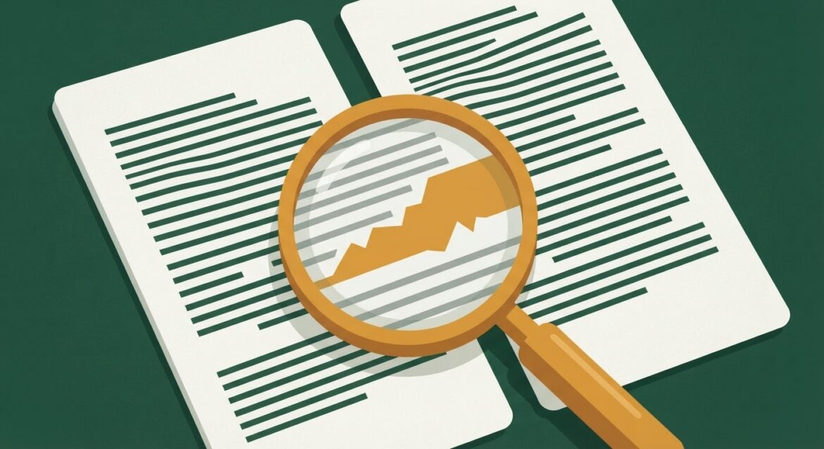 A magnifying glass over a side-by-side comparison of two terms-of-service documents highlighting changed text