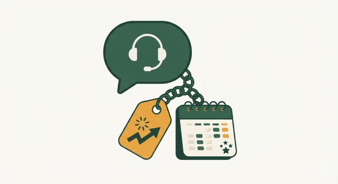 a customer service call bubble with a discount tag chained to a calendar