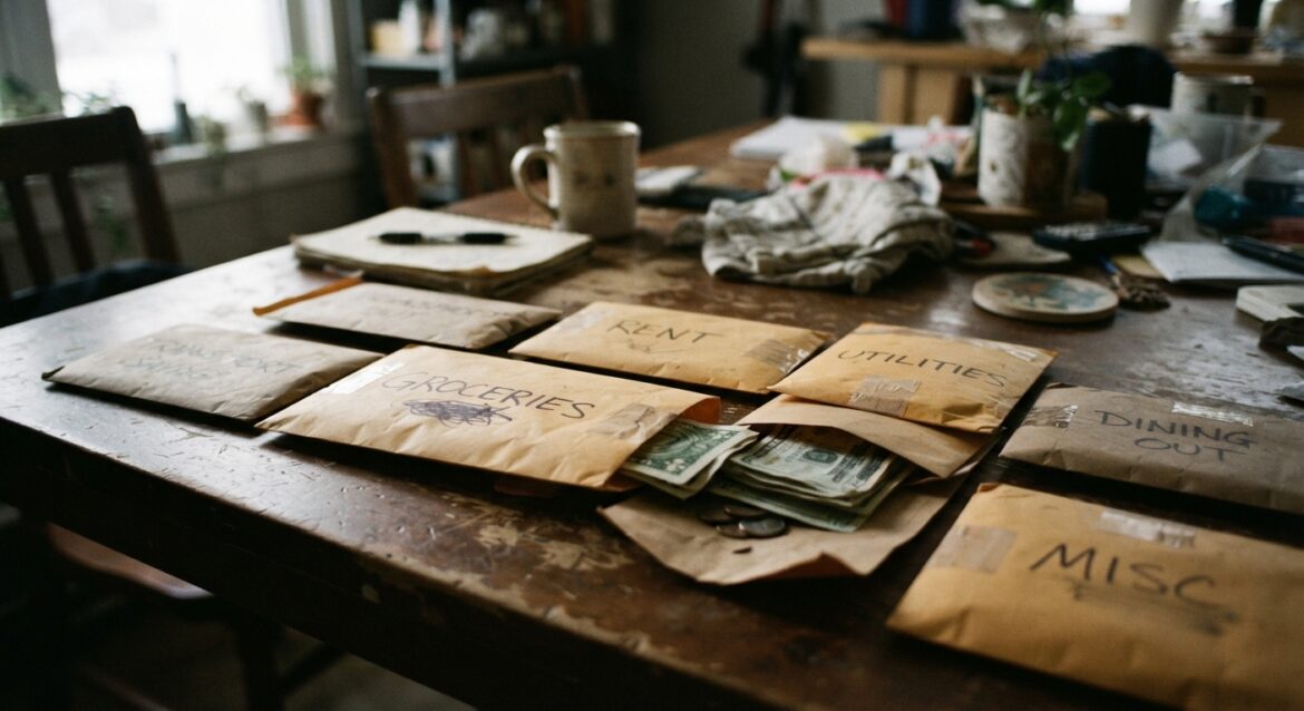 cash envelopes labeled for different budget categories laid out on a table