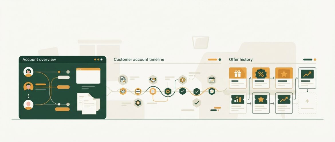 A customer service dashboard showing a customer account timeline and offer history