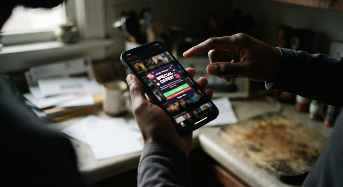 A smartphone screen showing a pop-up discount offer appearing inside a streaming app before the user opens the cancel menu