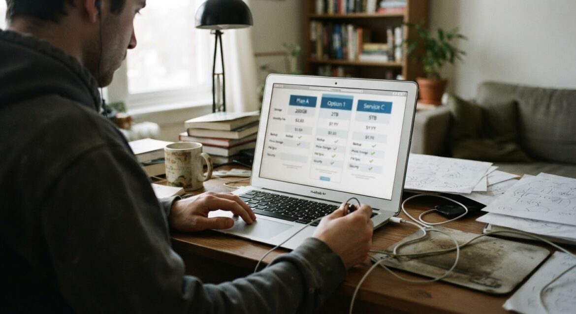 A person comparing cloud storage plans for iCloud, Google One, and Dropbox on a laptop screen