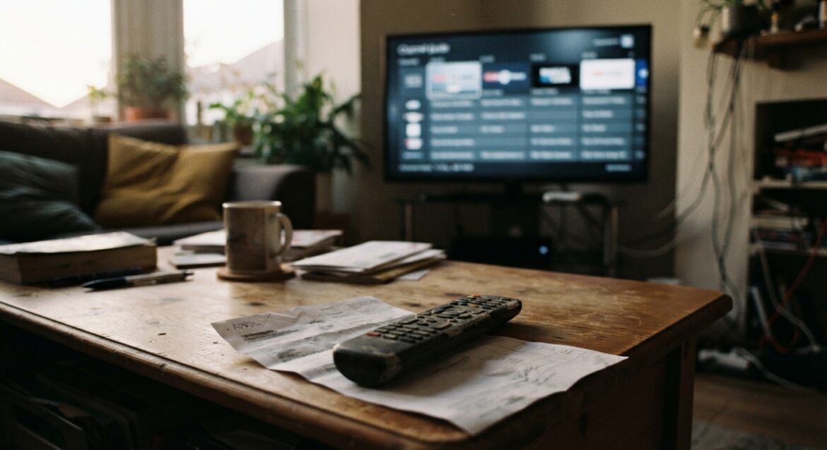 A remote control resting on an itemized streaming bundle bill next to a TV showing a channel guide