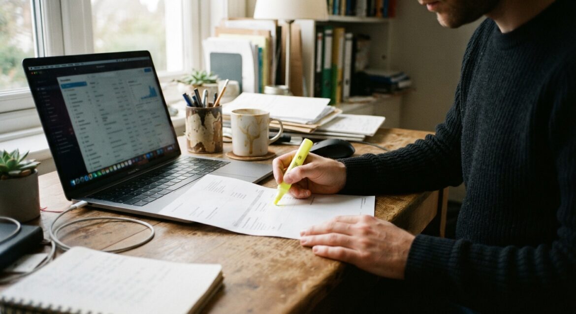 A person reviewing a printed HSA/FSA transaction statement next to a laptop showing a subscription list, highlighter in hand
