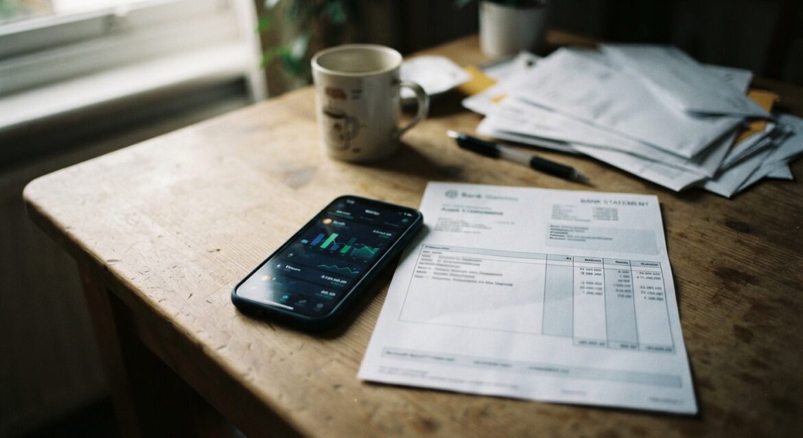 A smartphone showing a crypto wallet app next to a printed bank statement on a desk