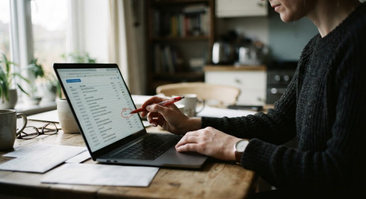 A person examining a bank statement on a laptop screen, circling an unfamiliar merchant name with a red pen