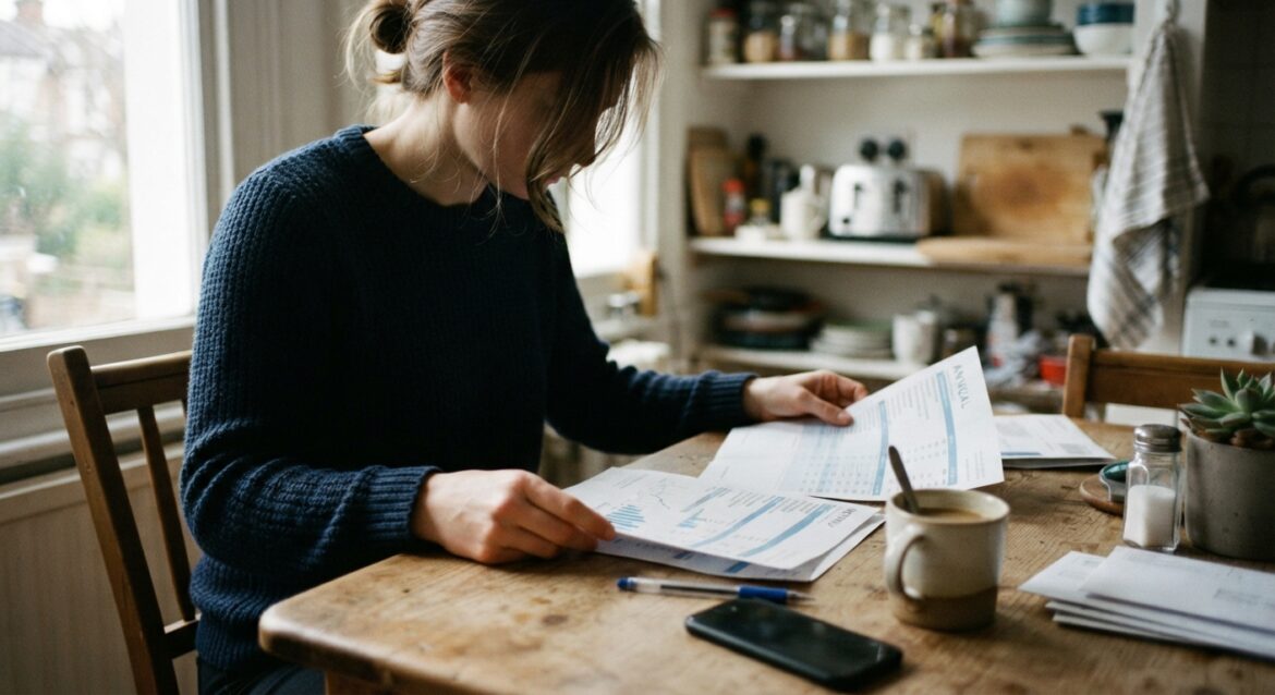 A person comparing two billing statements side by side, one marked monthly and one marked annual, at a kitchen table