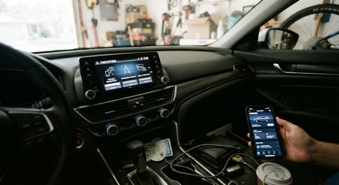 A car dashboard infotainment screen showing a subscription services menu, with a smartphone displaying the automaker's app nearby