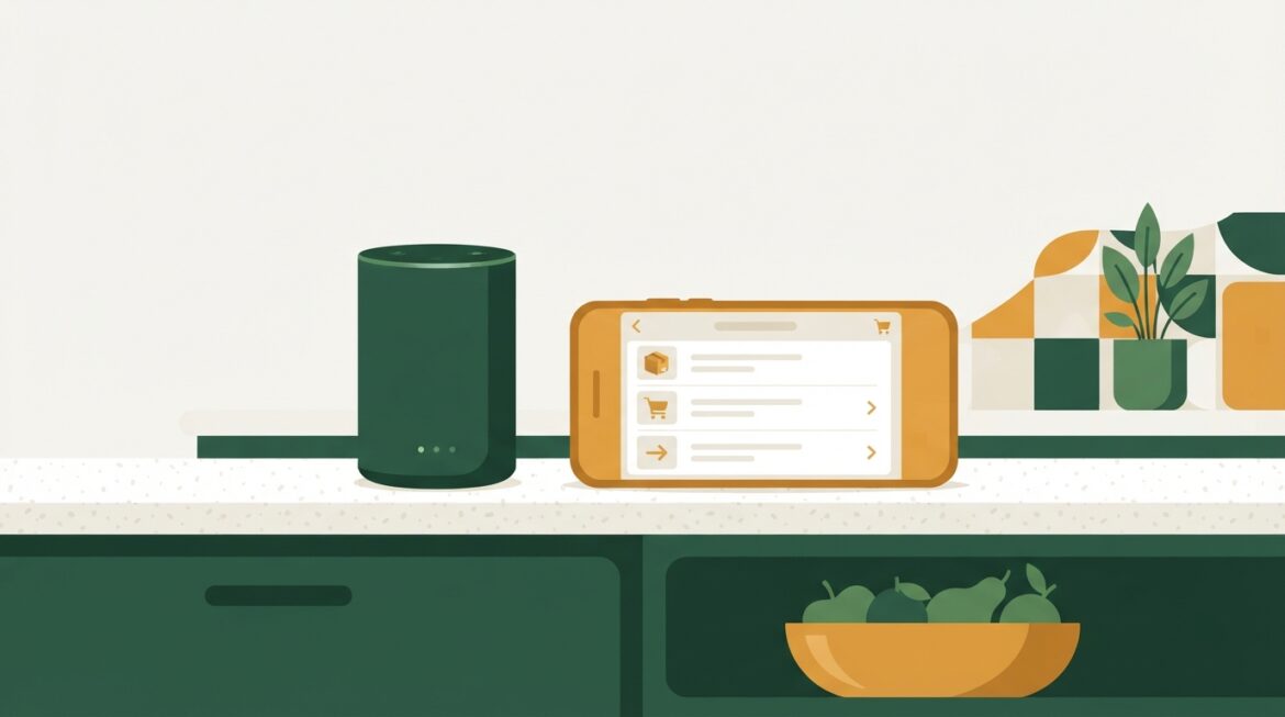 A smart speaker on a kitchen counter next to a phone showing a purchase history screen