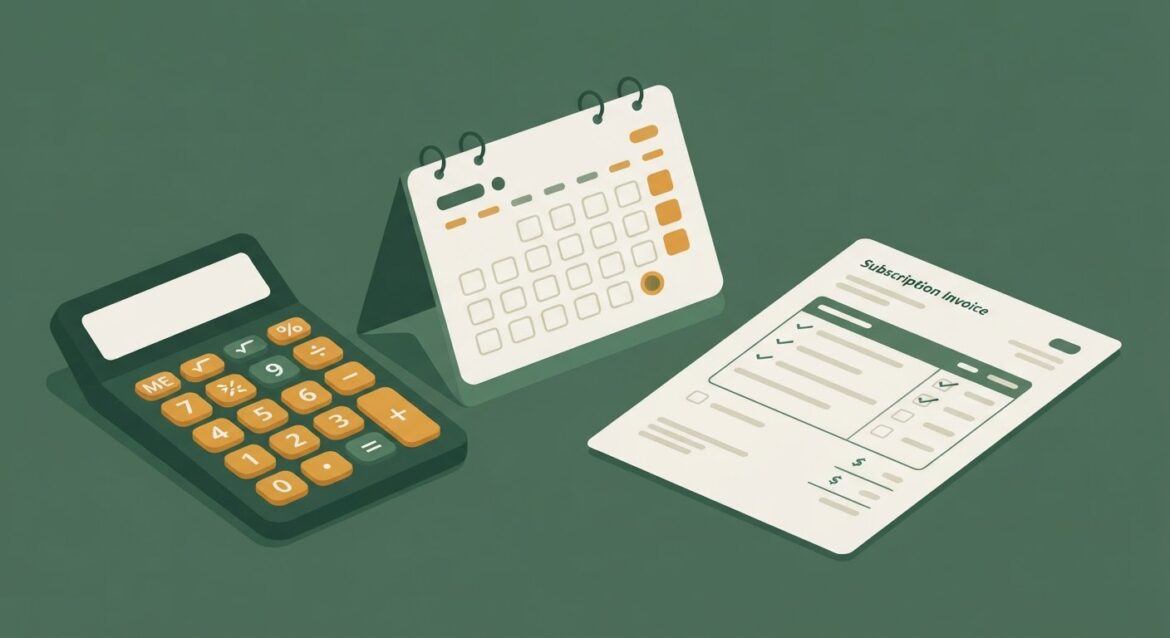 a calculator and a calendar next to a subscription invoice