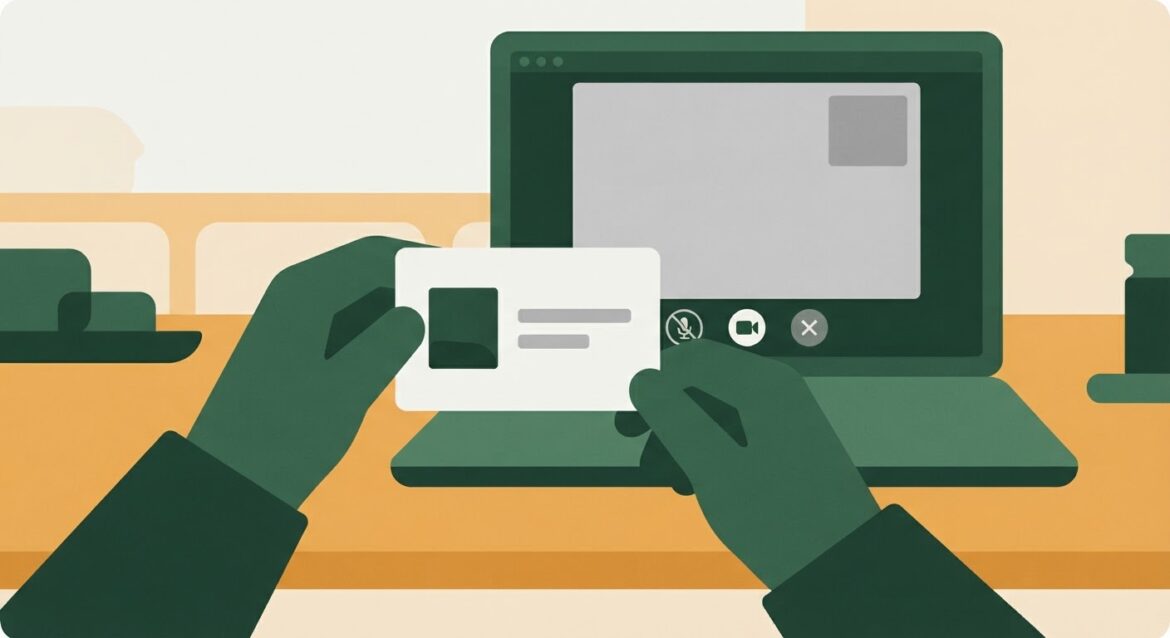 A person on a laptop video call at a kitchen table, holding up an ID card toward the camera