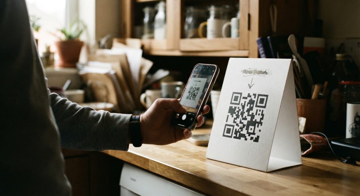 A retail checkout kiosk with a QR code sign and a customer scanning it with a phone