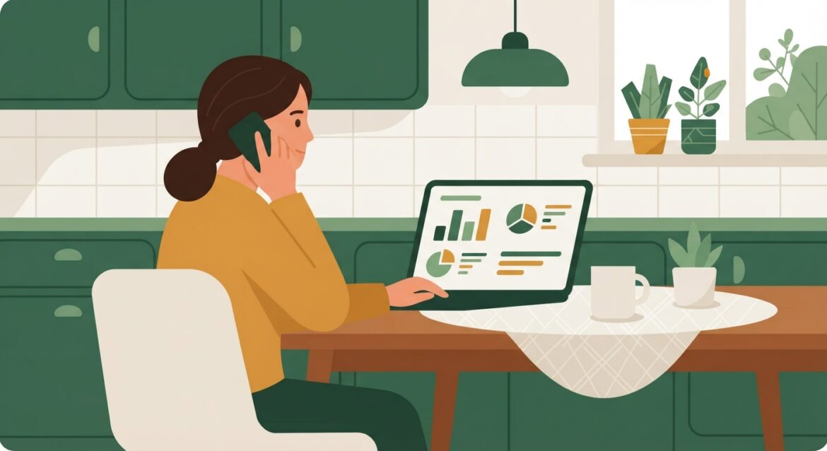A person on the phone at a kitchen table, looking at their cell phone bill on a laptop screen