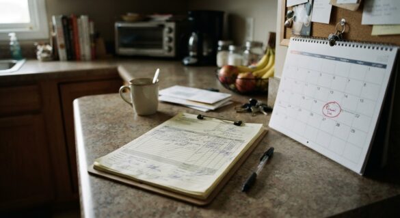 A pest control technician's invoice and service contract on a kitchen counter next to a calendar with a renewal date circled