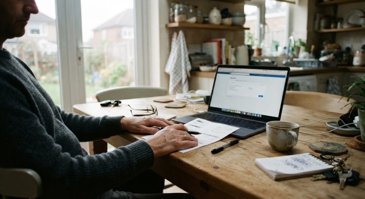 A parent reviewing a tutoring subscription invoice at a kitchen table with a laptop showing a renewal notice