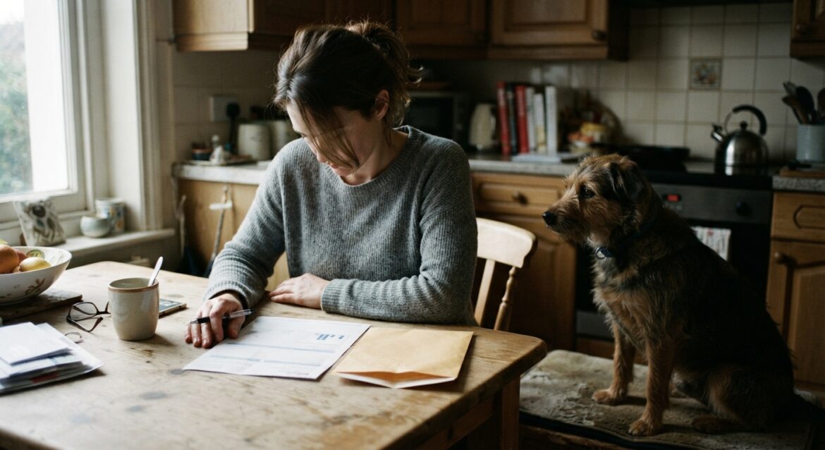 A pet owner reviewing a veterinary wellness plan renewal notice at a kitchen table with a dog nearby