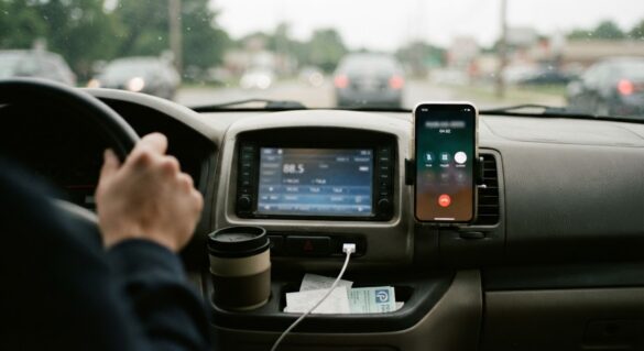A car dashboard showing a satellite radio display next to a phone with a customer service call in progress